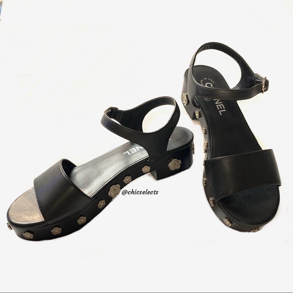 AUTHENTIC CHANEL BLACK CAMELLIA STUDS SANDALS